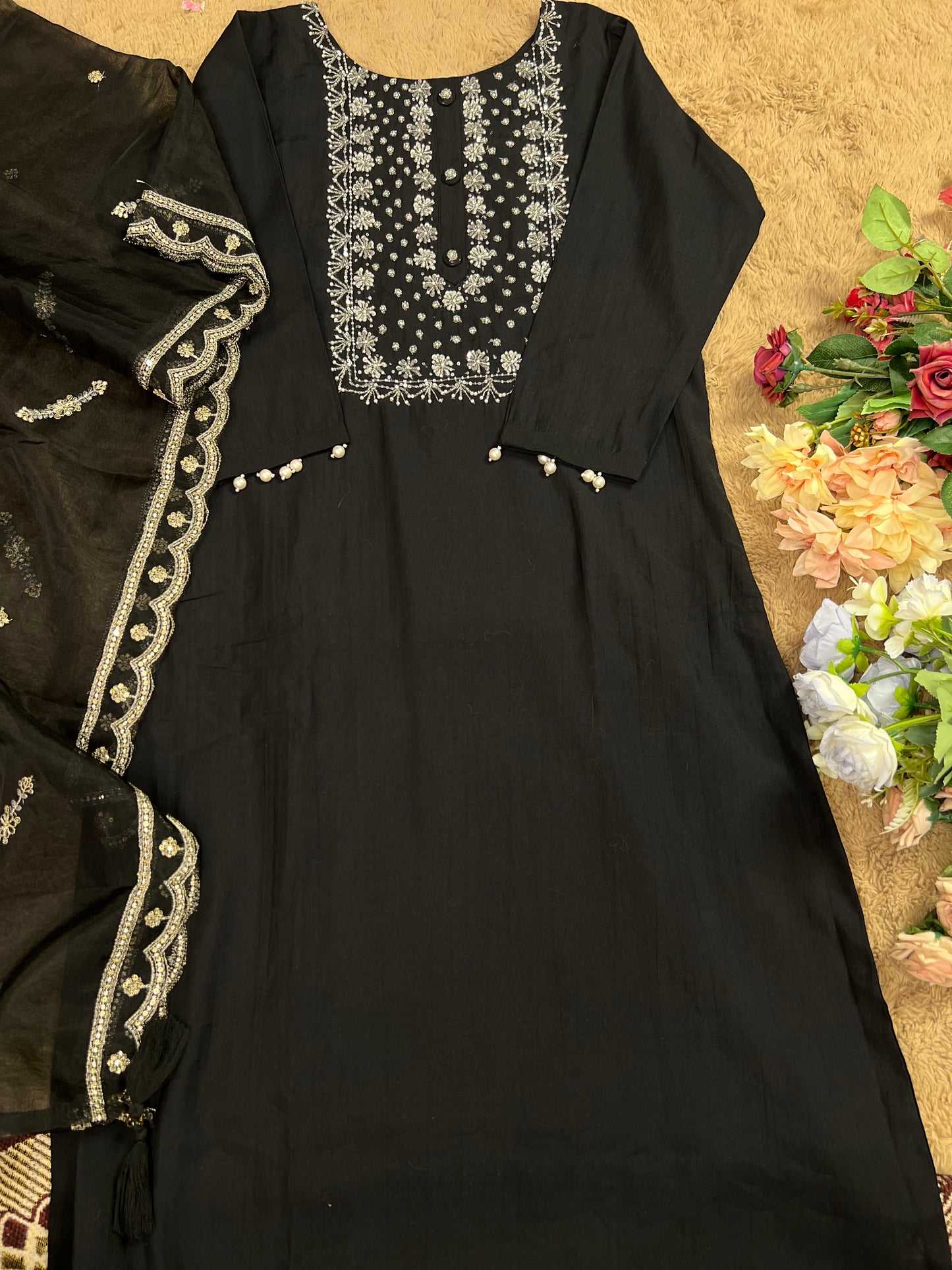 Black Modal Maslin Suit with Cut Dana Neck Work & Embroidered Organza Dupatta