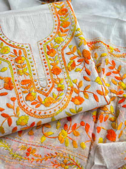 Ivory & Orange Pure Cotton Hand-Embroidered Unstitched Dress