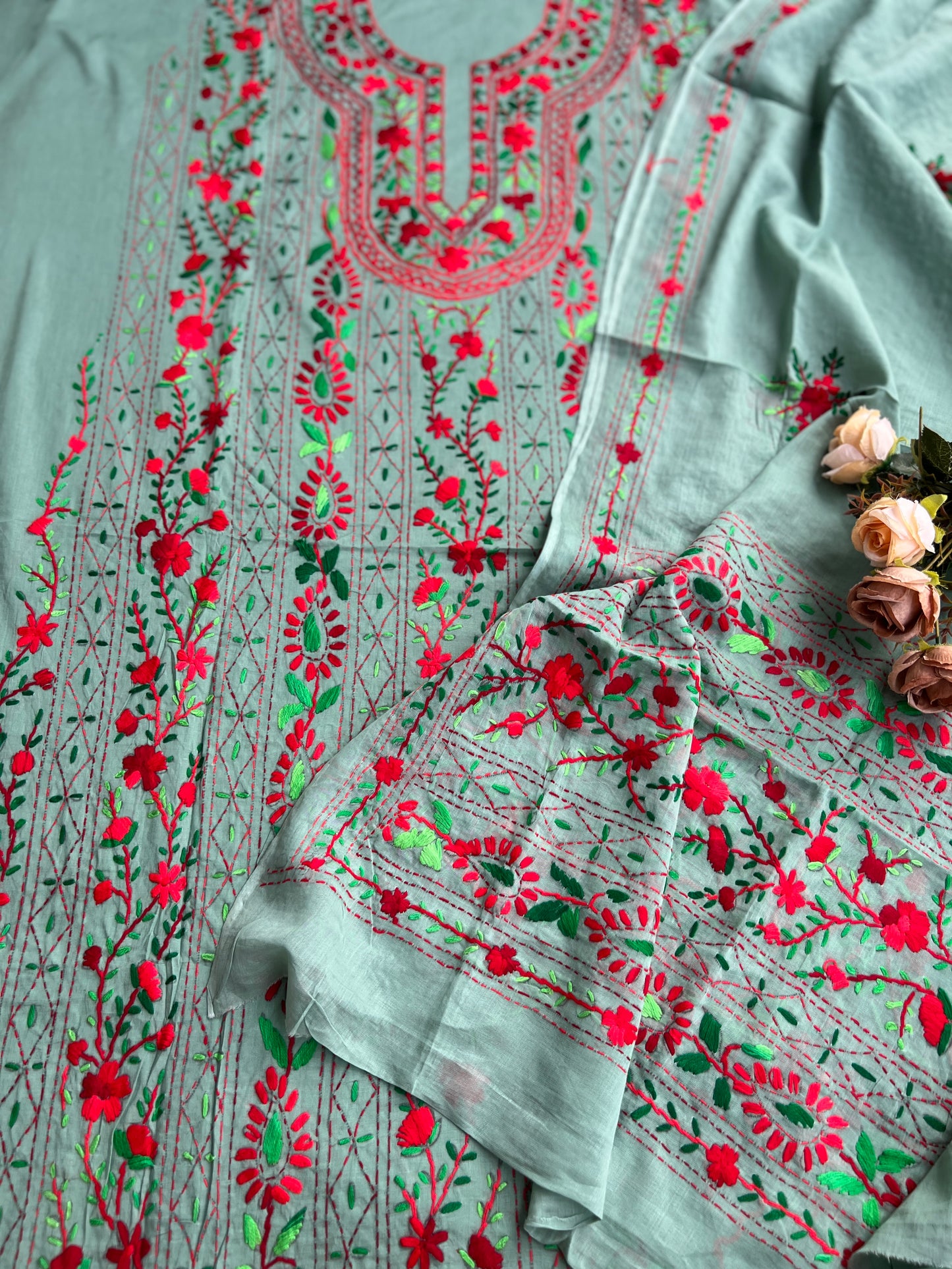 Sage Grey Pure Cotton Hand-Embroidered Unstitched Dress