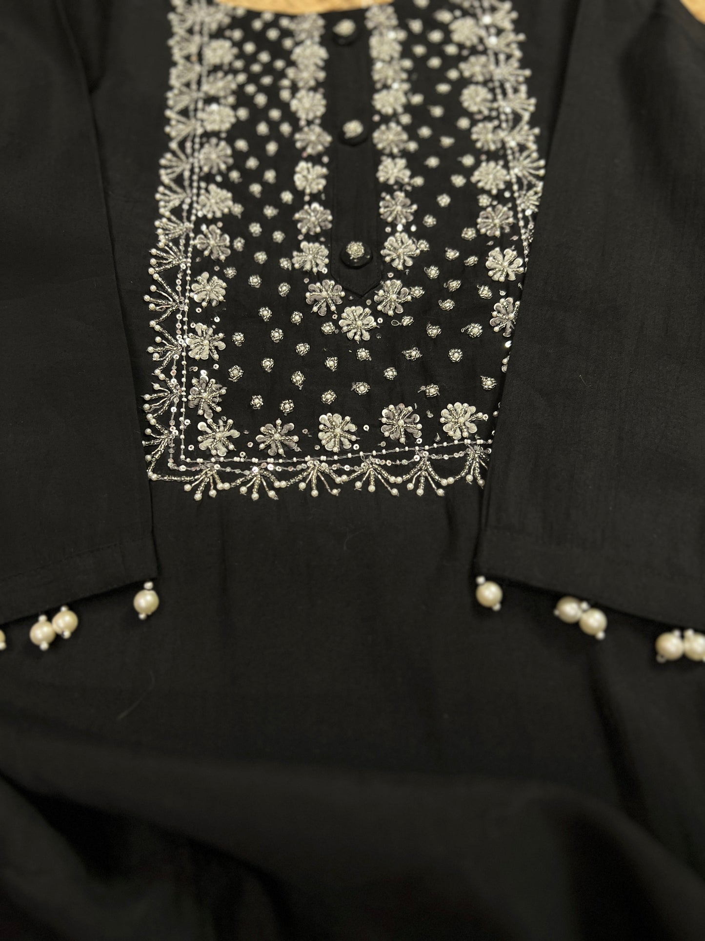 Black Modal Maslin Suit with Cut Dana Neck Work & Embroidered Organza Dupatta