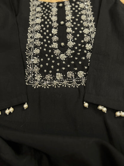 Black Modal Maslin Suit with Cut Dana Neck Work & Embroidered Organza Dupatta