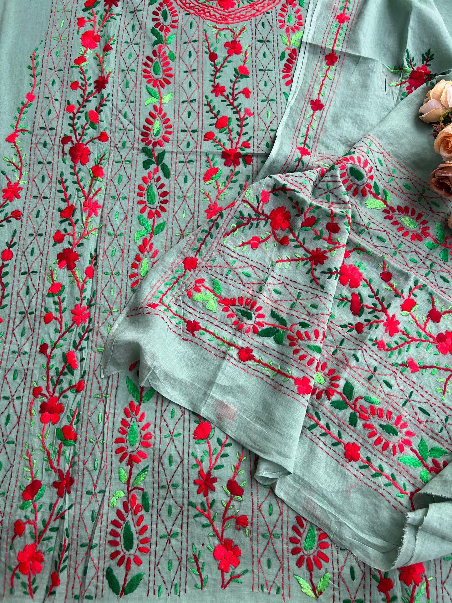 Sage Grey Pure Cotton Hand-Embroidered Unstitched Dress