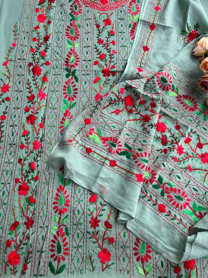 Sage Grey Pure Cotton Hand-Embroidered Unstitched Dress