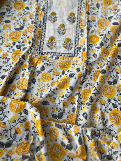 Mustard Floral Handblock Cotton Suit Set