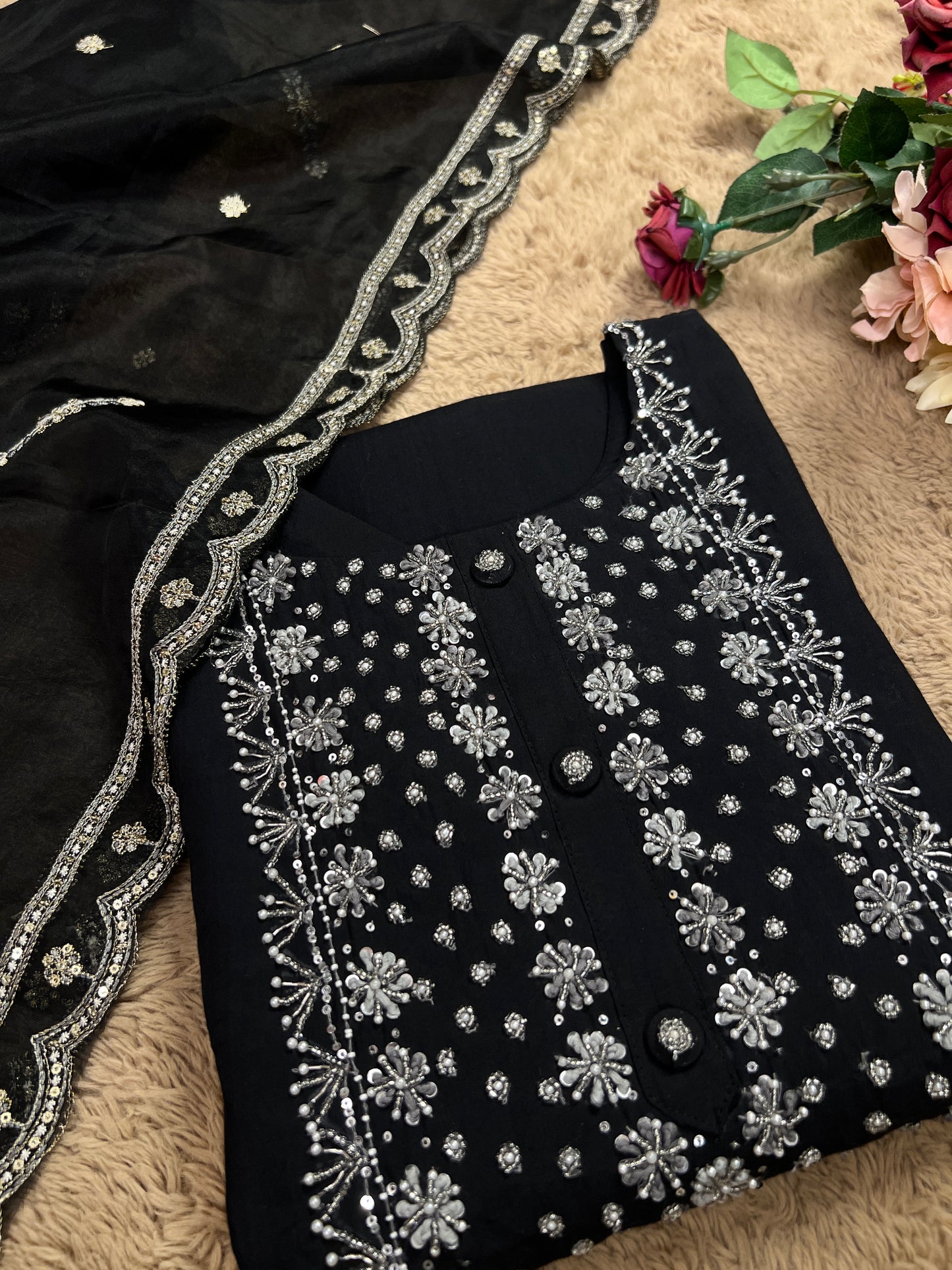 Black Modal Maslin Suit with Cut Dana Neck Work & Embroidered Organza Dupatta