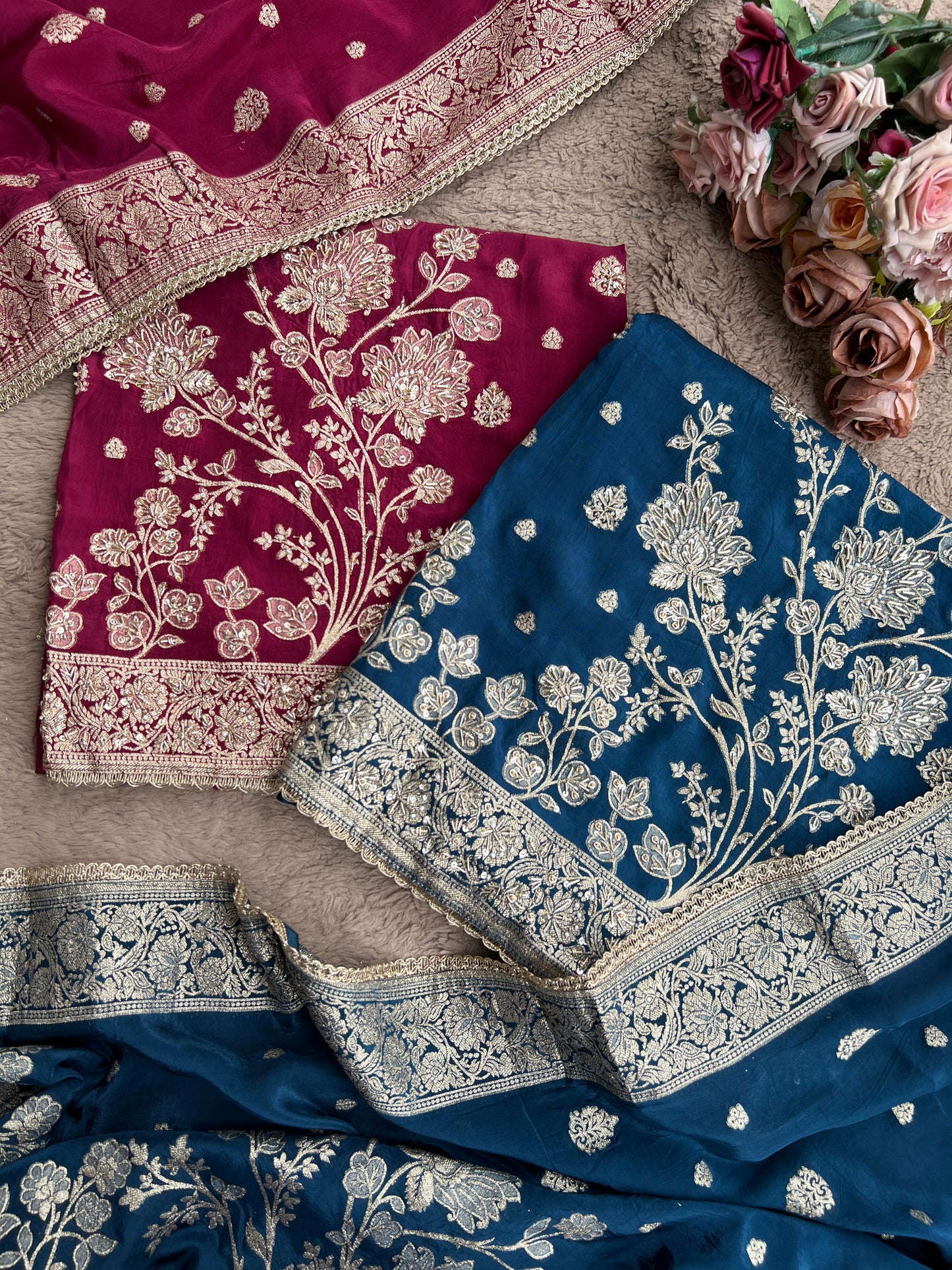 Banarasi woven Floral Silk Suit with Embroidered Detailing & Silk Dupatta