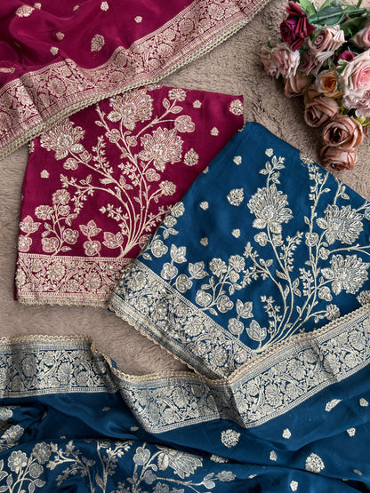 Banarasi woven Floral Silk Suit with Embroidered Detailing & Silk Dupatta