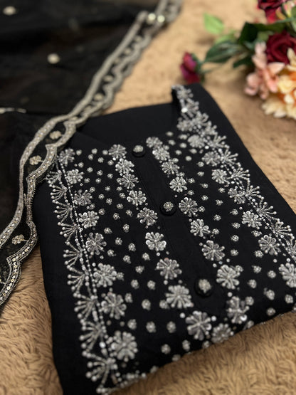 Black Modal Maslin Suit with Cut Dana Neck Work & Embroidered Organza Dupatta