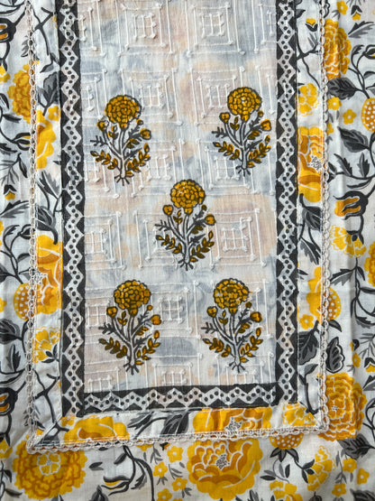 Mustard Floral Handblock Cotton Suit Set