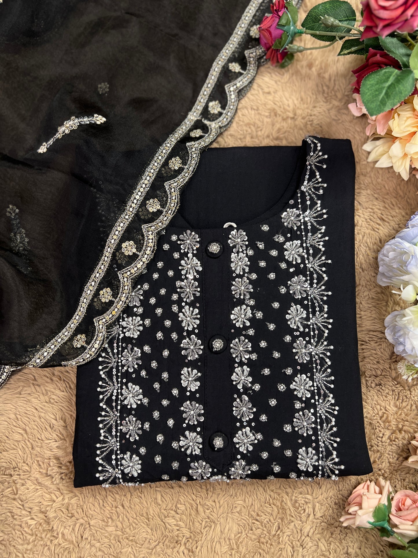 Black Modal Maslin Suit with Cut Dana Neck Work & Embroidered Organza Dupatta