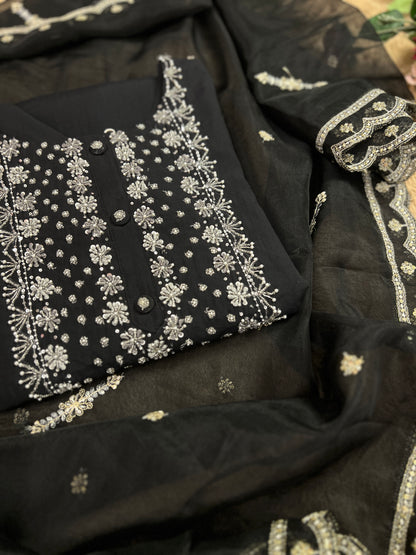 Black Modal Maslin Suit with Cut Dana Neck Work & Embroidered Organza Dupatta