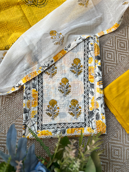 Mustard Floral Handblock Cotton Suit Set