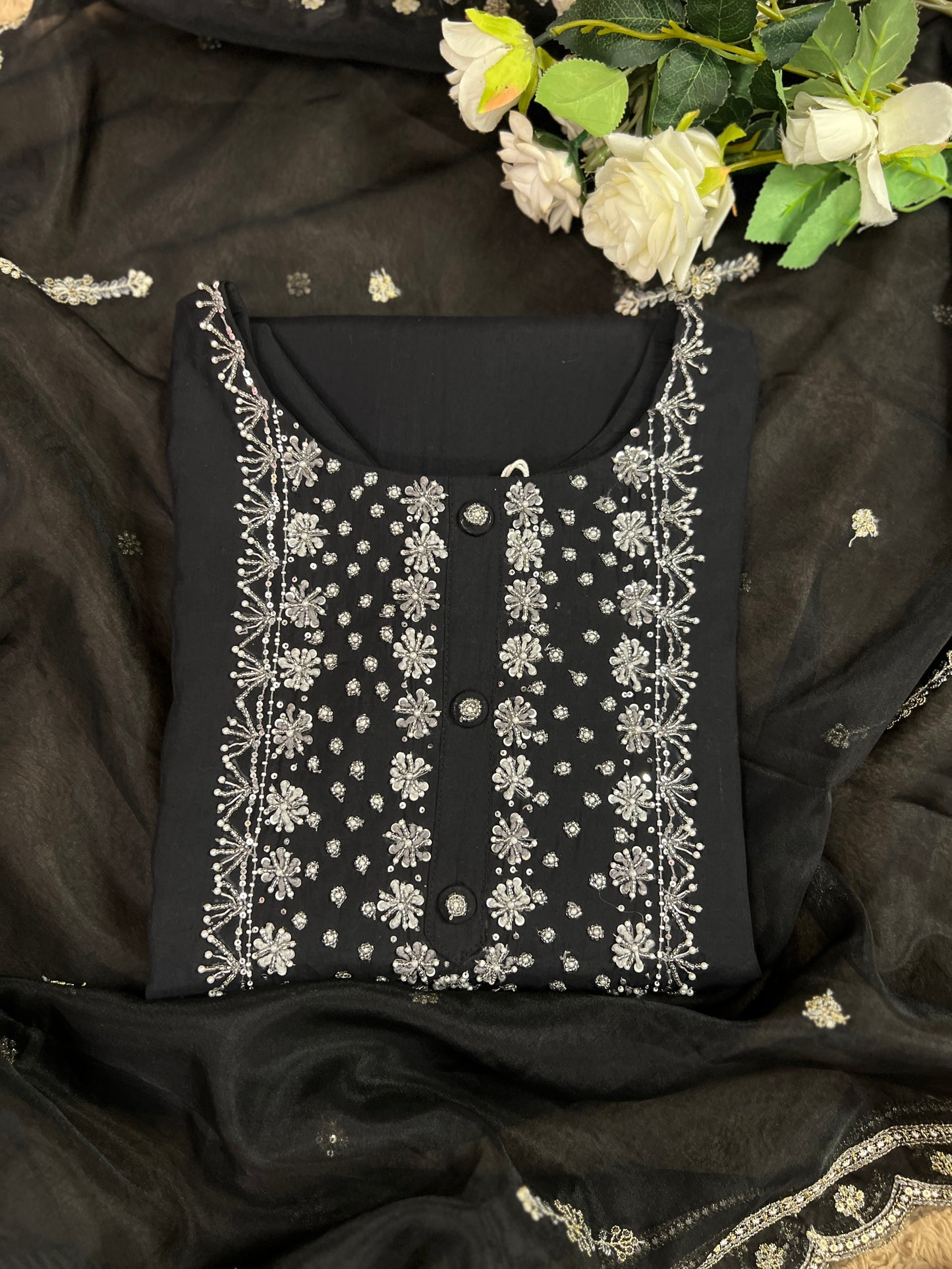 Black Modal Maslin Suit with Cut Dana Neck Work & Embroidered Organza Dupatta