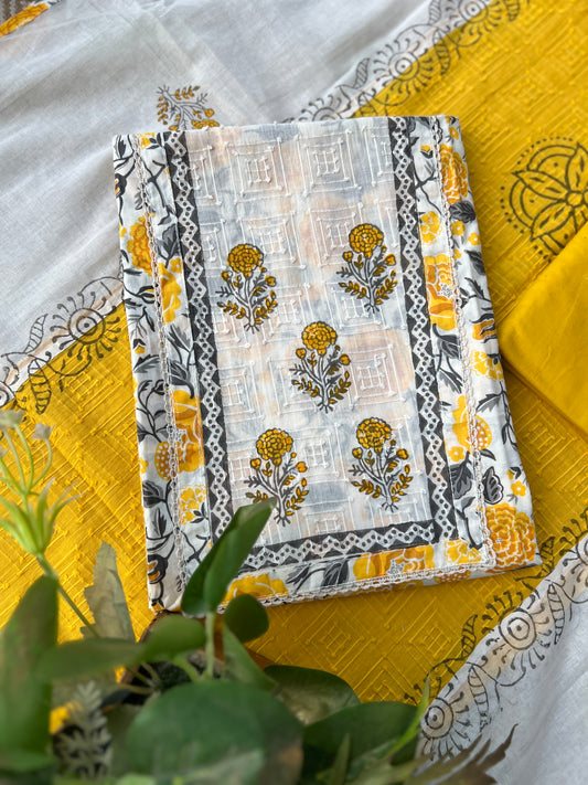 Mustard Floral Handblock Cotton Suit Set