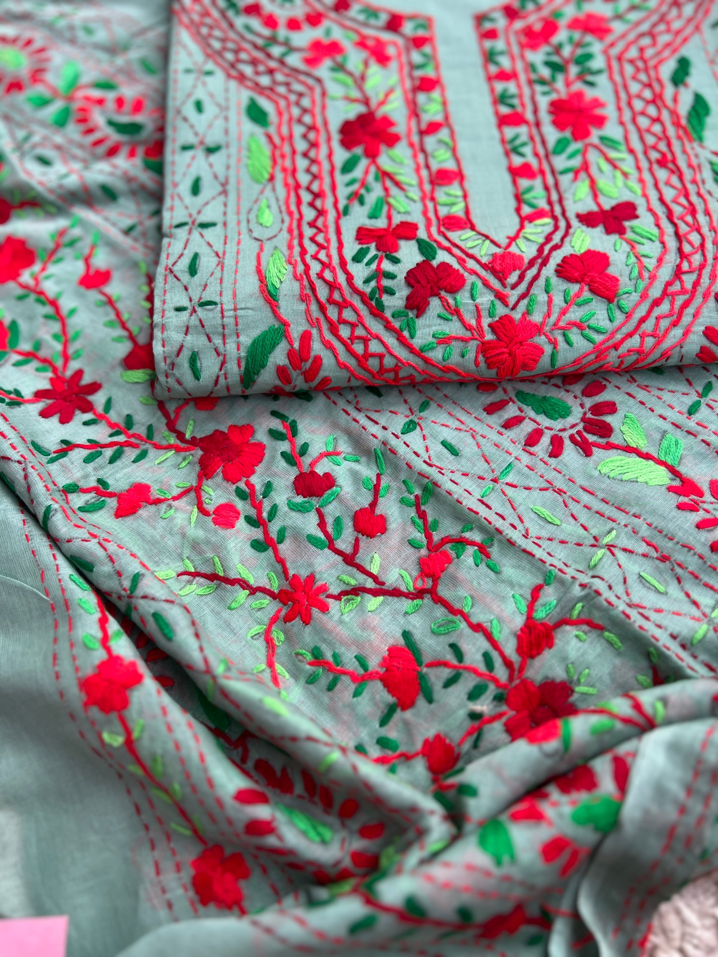 Sage Grey Pure Cotton Hand-Embroidered Unstitched Dress
