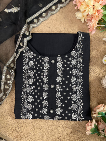 Black Modal Maslin Suit with Cut Dana Neck Work & Embroidered Organza Dupatta