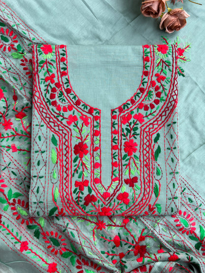 Sage Grey Pure Cotton Hand-Embroidered Unstitched Dress