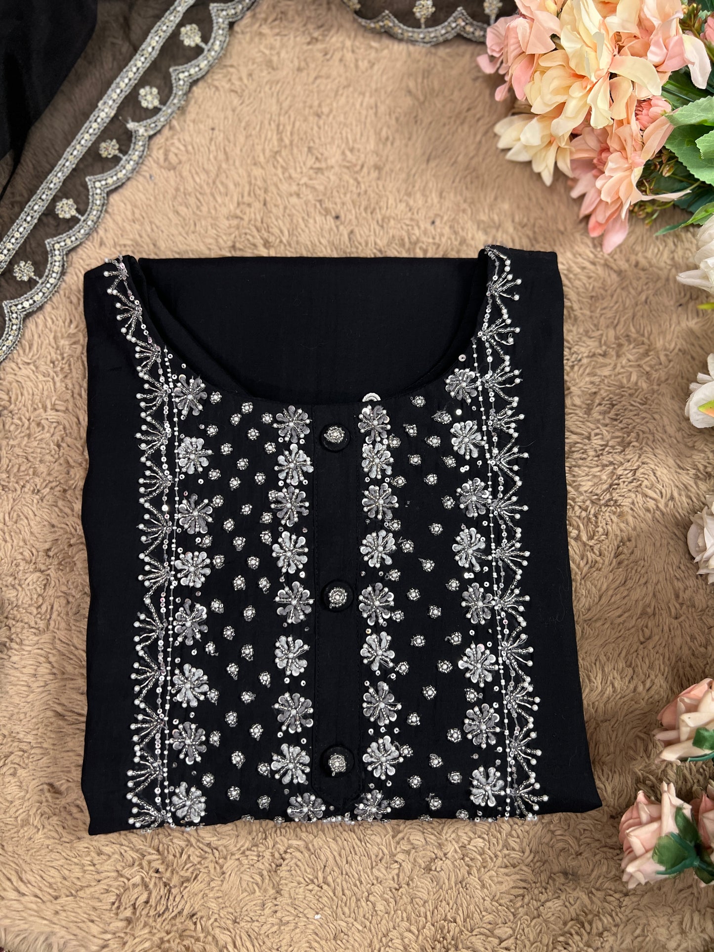 Black Modal Maslin Suit with Cut Dana Neck Work & Embroidered Organza Dupatta