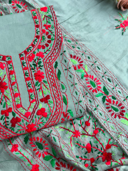 Sage Grey Pure Cotton Hand-Embroidered Unstitched Dress