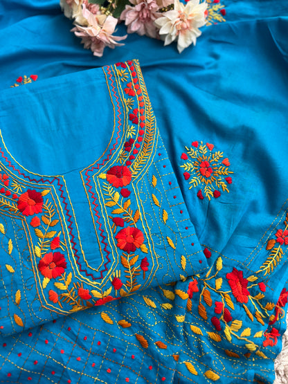 Azure Bloom Hand-Embroidered Unstitched Suit Set