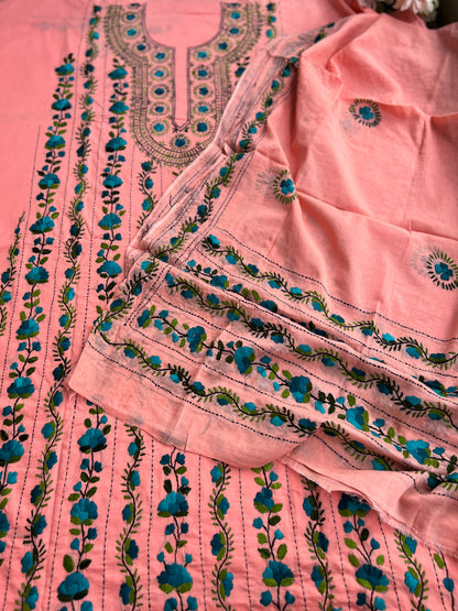 Peach Blossom Hand-Embroidered Unstitched Suit Set
