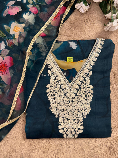 Teal Blue Floral Ready to wear Salwar Suit