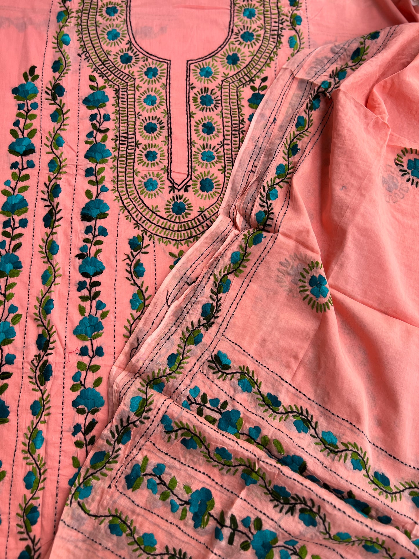 Peach Blossom Hand-Embroidered Unstitched Suit Set