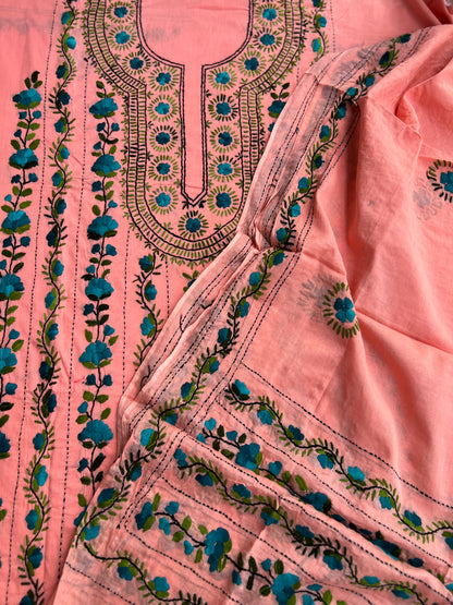 Peach Blossom Hand-Embroidered Unstitched Suit Set