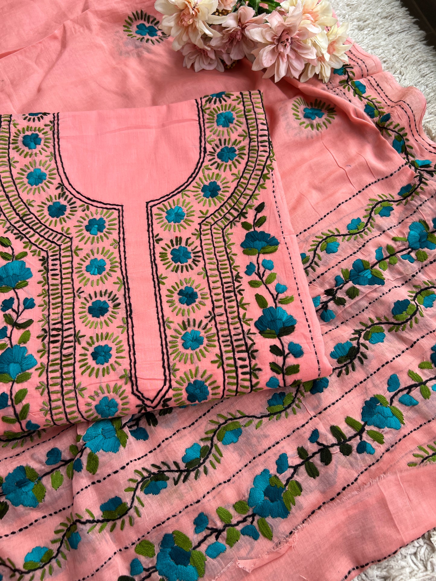 Peach Blossom Hand-Embroidered Unstitched Suit Set