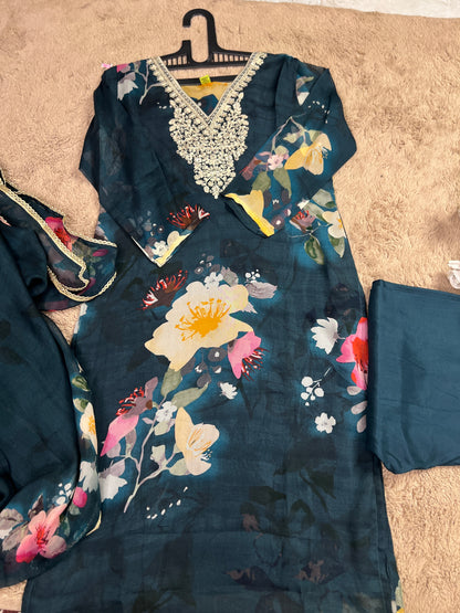 Teal Blue Floral Ready to wear Salwar Suit