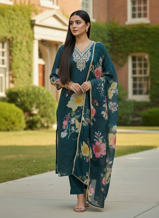 Teal Blue Floral Ready to wear Salwar Suit