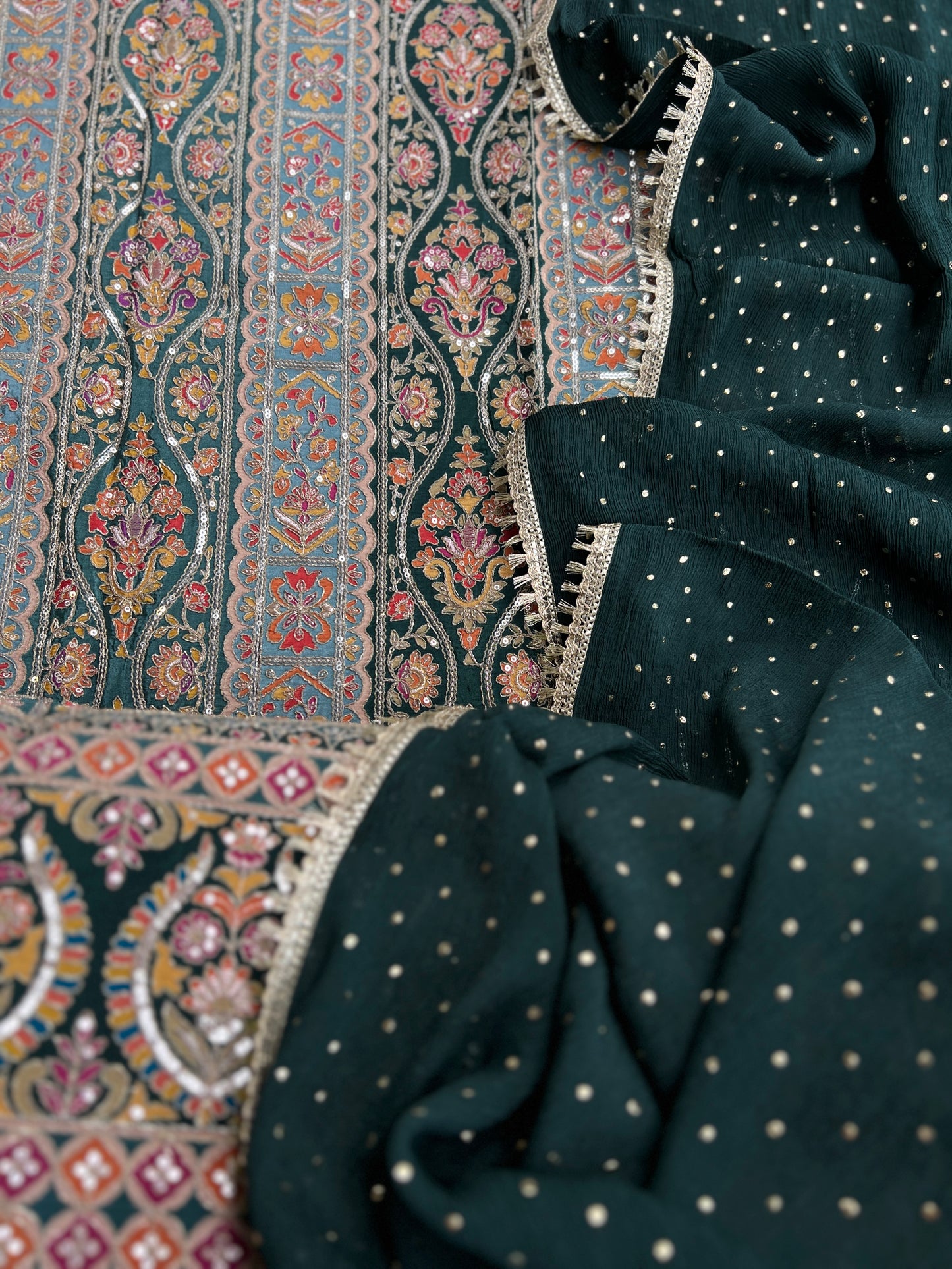 Sabyasachi-Inspired Russian Silk Suit with Mukesh Chiffon Dupatta