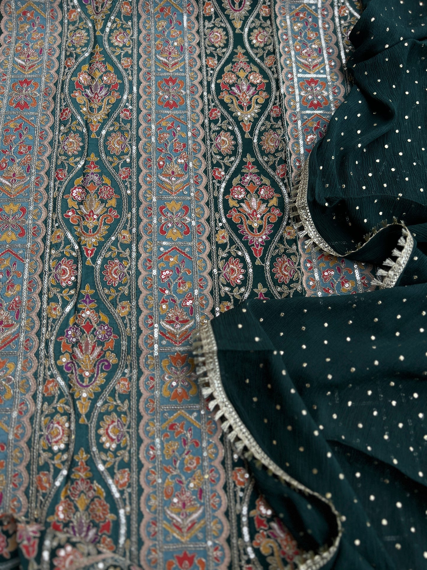 Sabyasachi-Inspired Russian Silk Suit with Mukesh Chiffon Dupatta