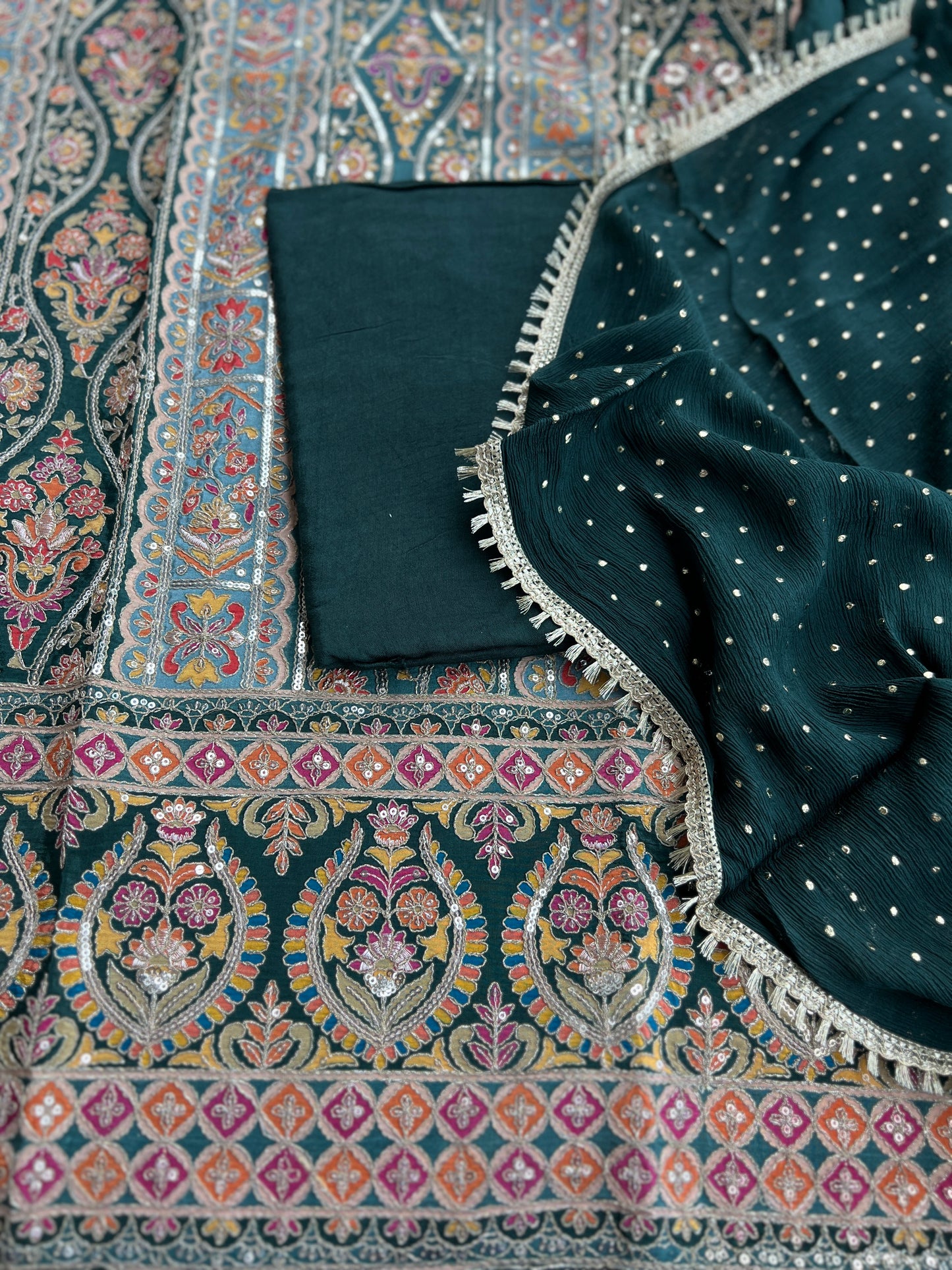 Sabyasachi-Inspired Russian Silk Suit with Mukesh Chiffon Dupatta