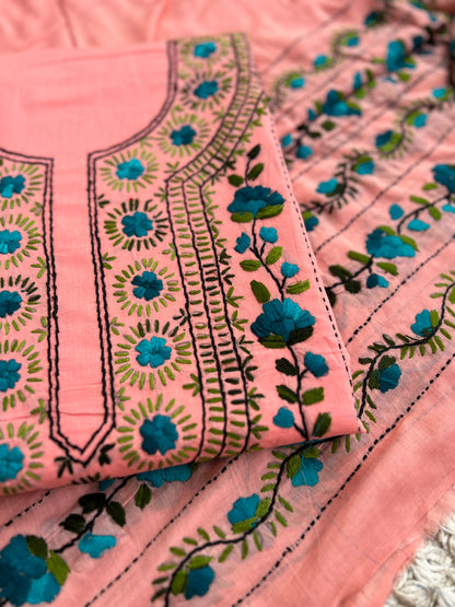 Peach Blossom Hand-Embroidered Unstitched Suit Set