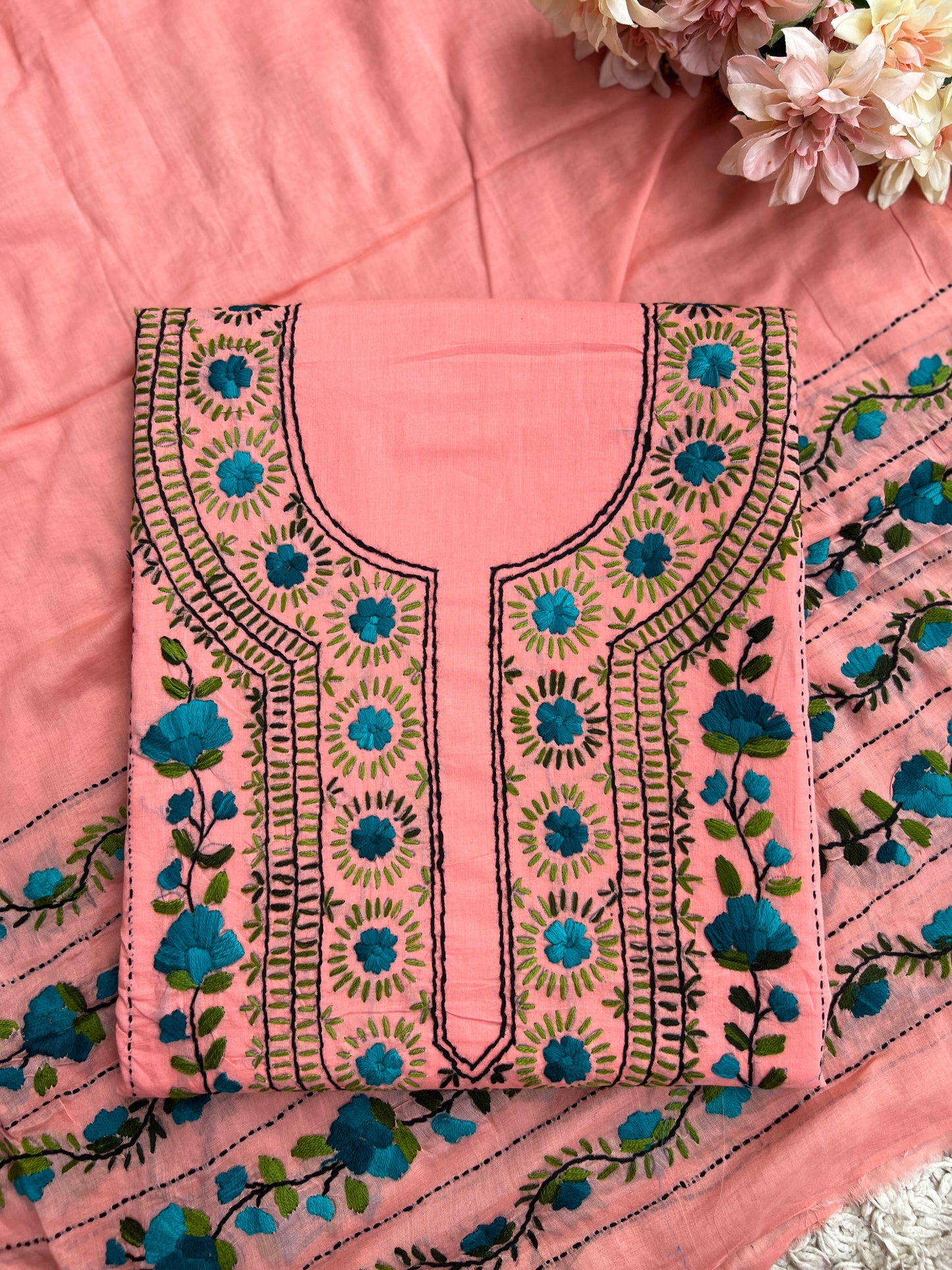 Peach Blossom Hand-Embroidered Unstitched Suit Set