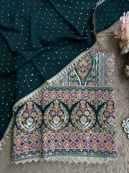 Sabyasachi-Inspired Russian Silk Suit with Mukesh Chiffon Dupatta