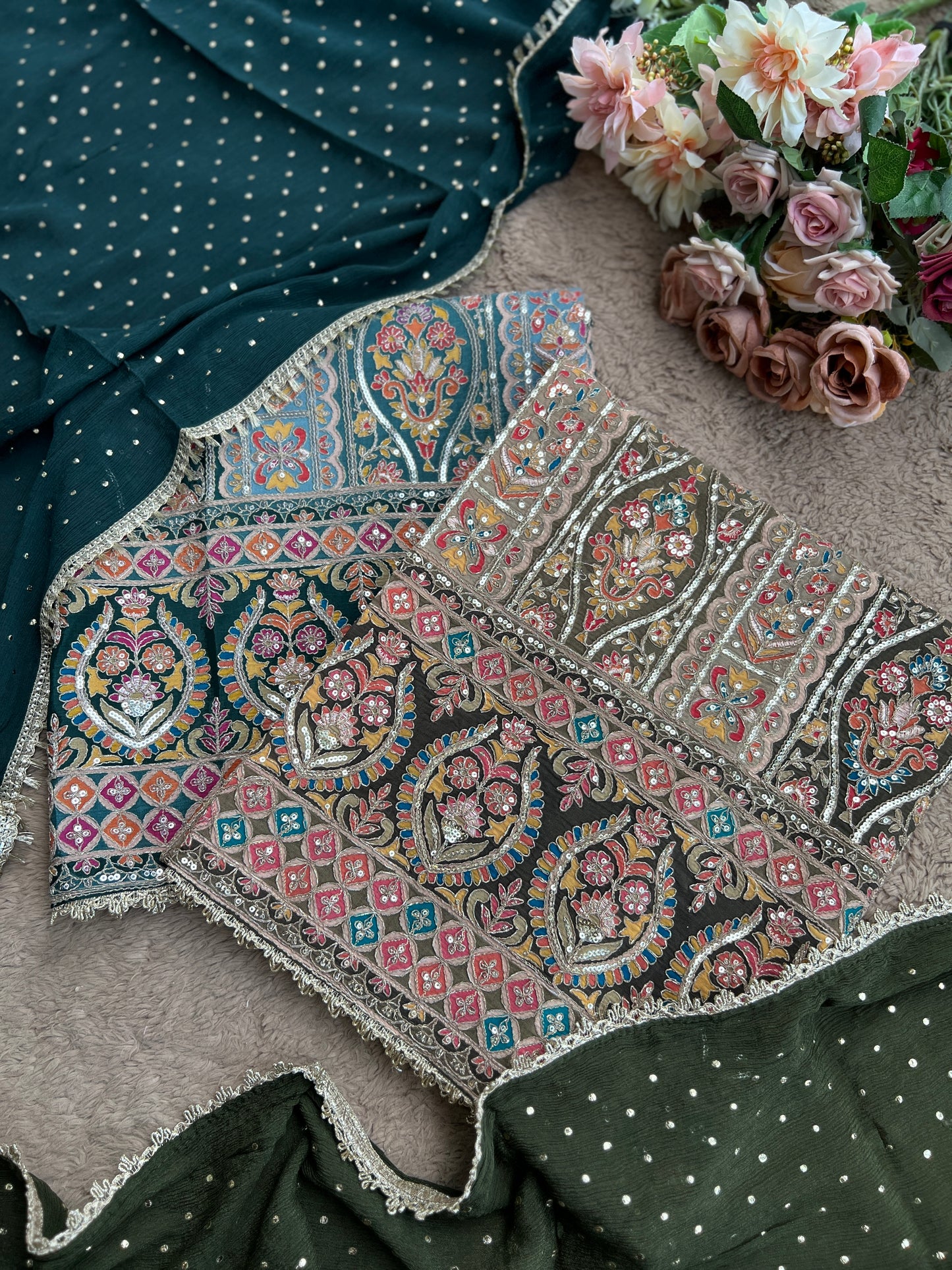 Sabyasachi-Inspired Russian Silk Suit with Mukesh Chiffon Dupatta