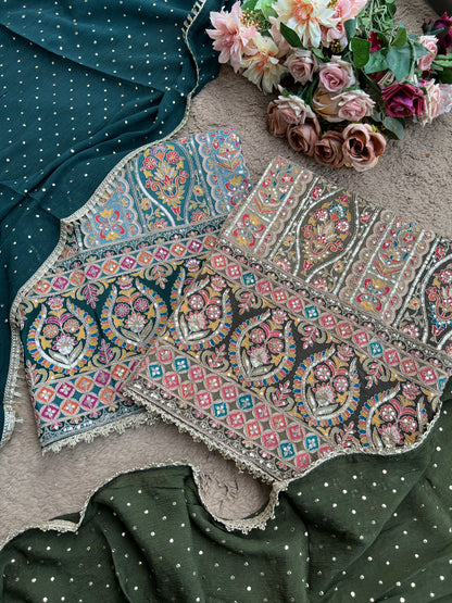 Sabyasachi-Inspired Russian Silk Suit with Mukesh Chiffon Dupatta