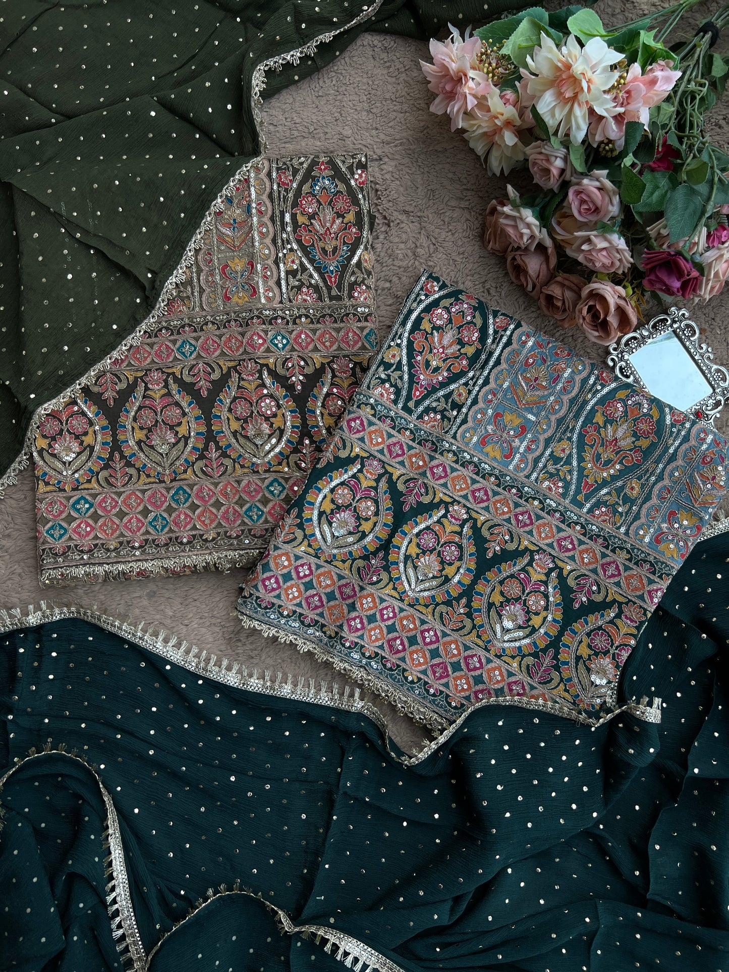 Sabyasachi-Inspired Russian Silk Suit with Mukesh Chiffon Dupatta