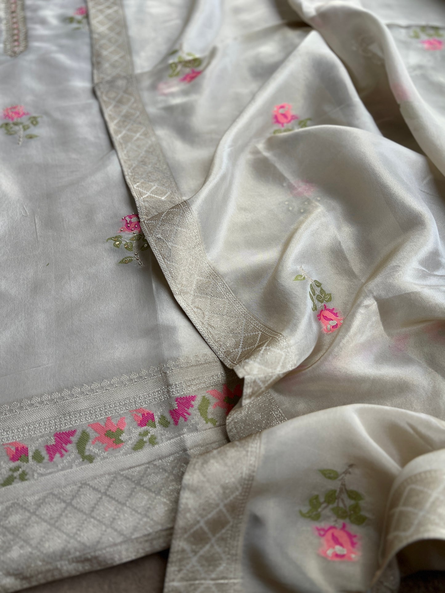 Elegant Kanjivaram Floral Weave Suit with Handworked Neckline & Banarasi Dupatta