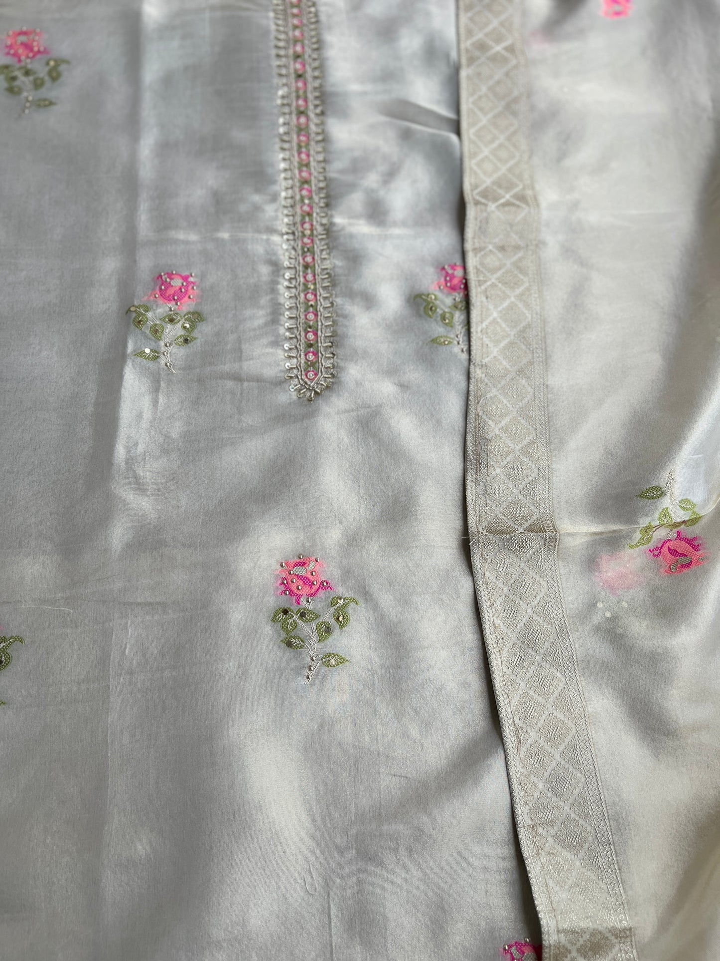 Elegant Kanjivaram Floral Weave Suit with Handworked Neckline & Banarasi Dupatta