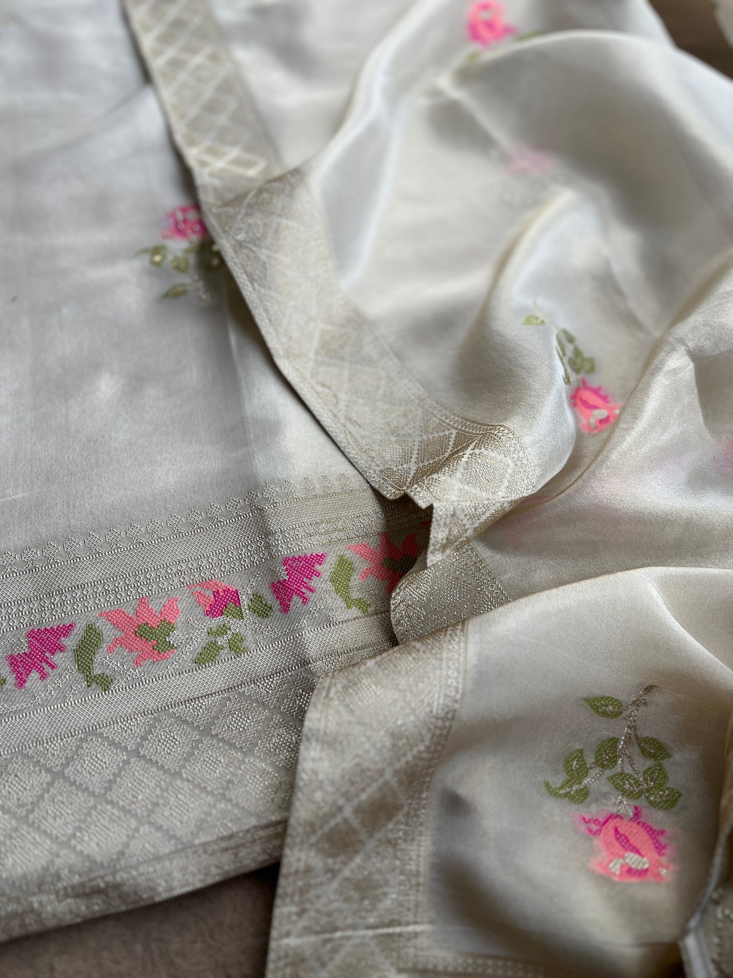 Elegant Kanjivaram Floral Weave Suit with Handworked Neckline & Banarasi Dupatta