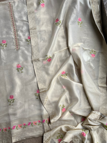 Elegant Kanjivaram Floral Weave Suit with Handworked Neckline & Banarasi Dupatta