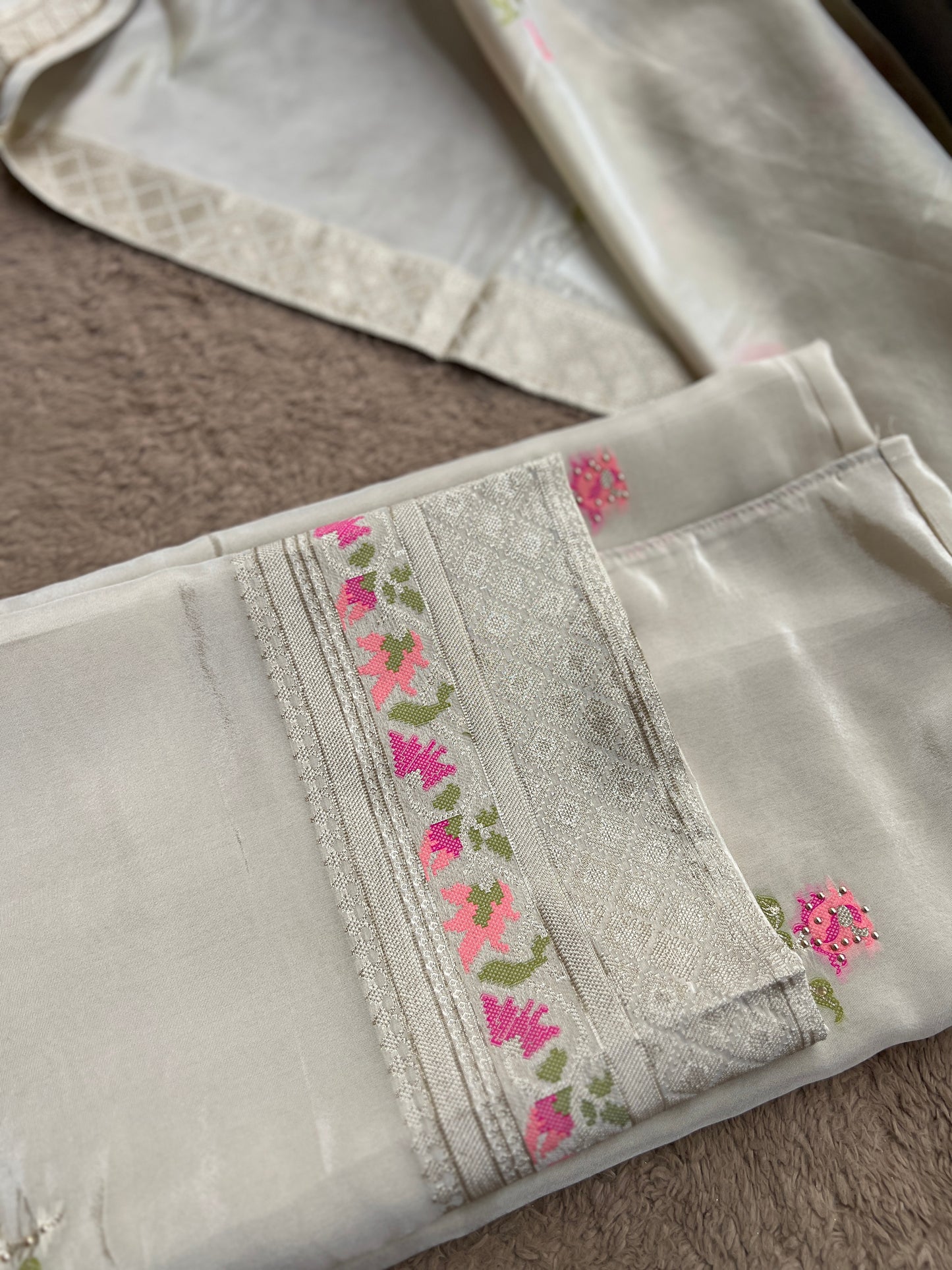 Elegant Kanjivaram Floral Weave Suit with Handworked Neckline & Banarasi Dupatta