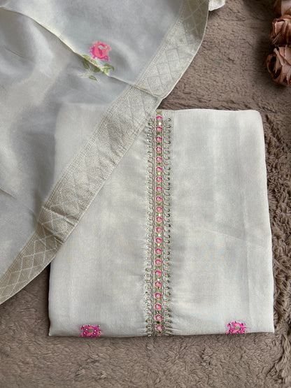 Elegant Kanjivaram Floral Weave Suit with Handworked Neckline & Banarasi Dupatta