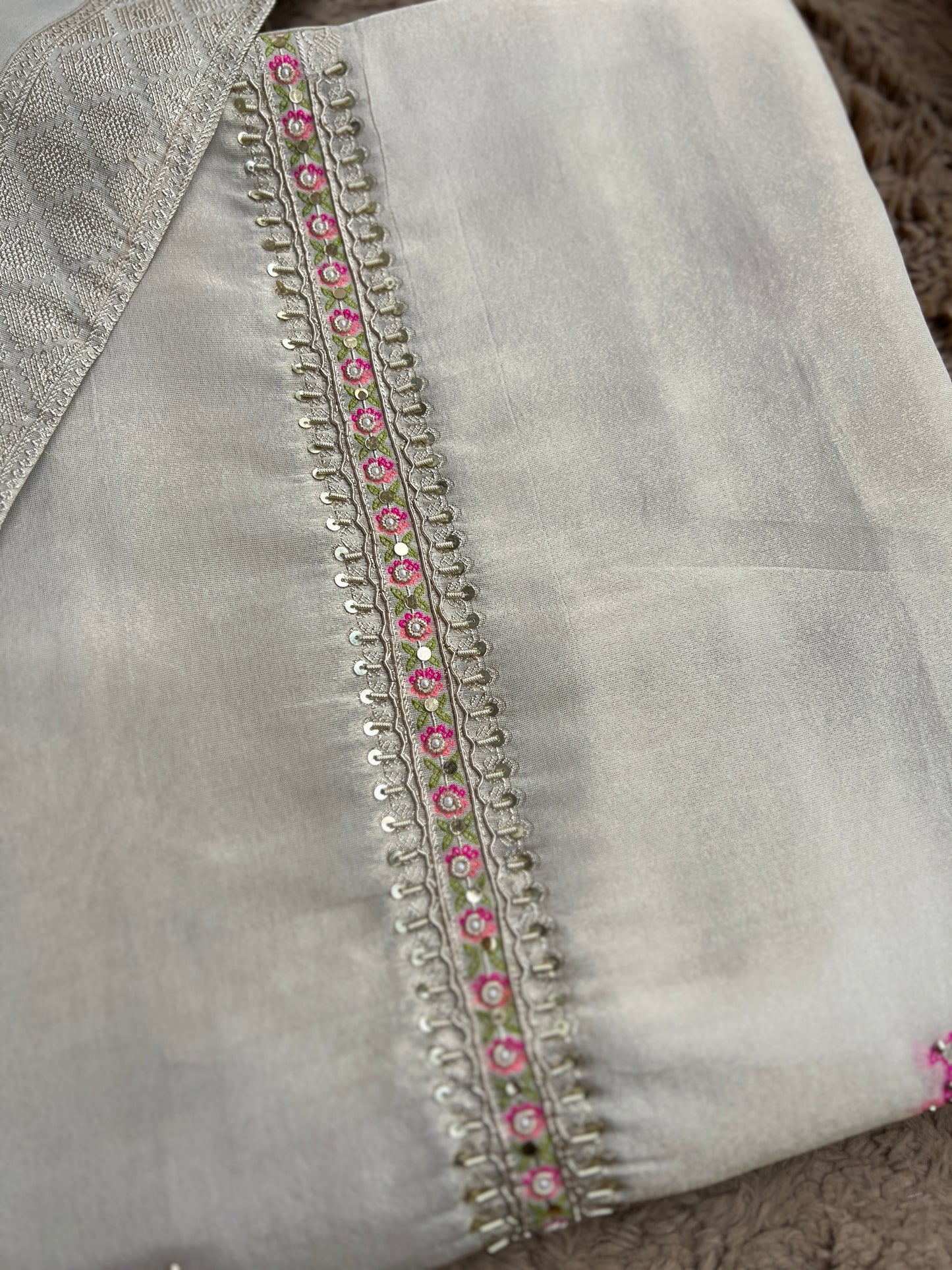 Elegant Kanjivaram Floral Weave Suit with Handworked Neckline & Banarasi Dupatta