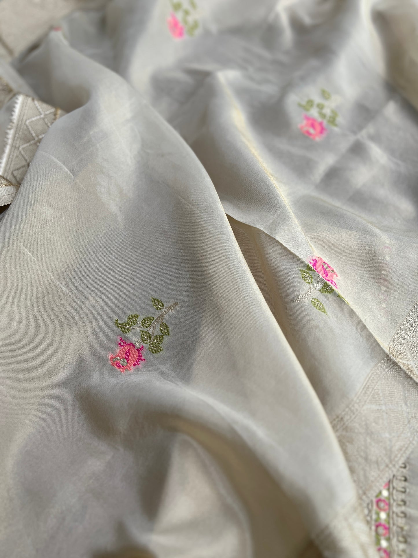 Elegant Kanjivaram Floral Weave Suit with Handworked Neckline & Banarasi Dupatta