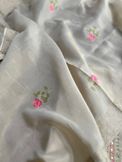 Elegant Kanjivaram Floral Weave Suit with Handworked Neckline & Banarasi Dupatta