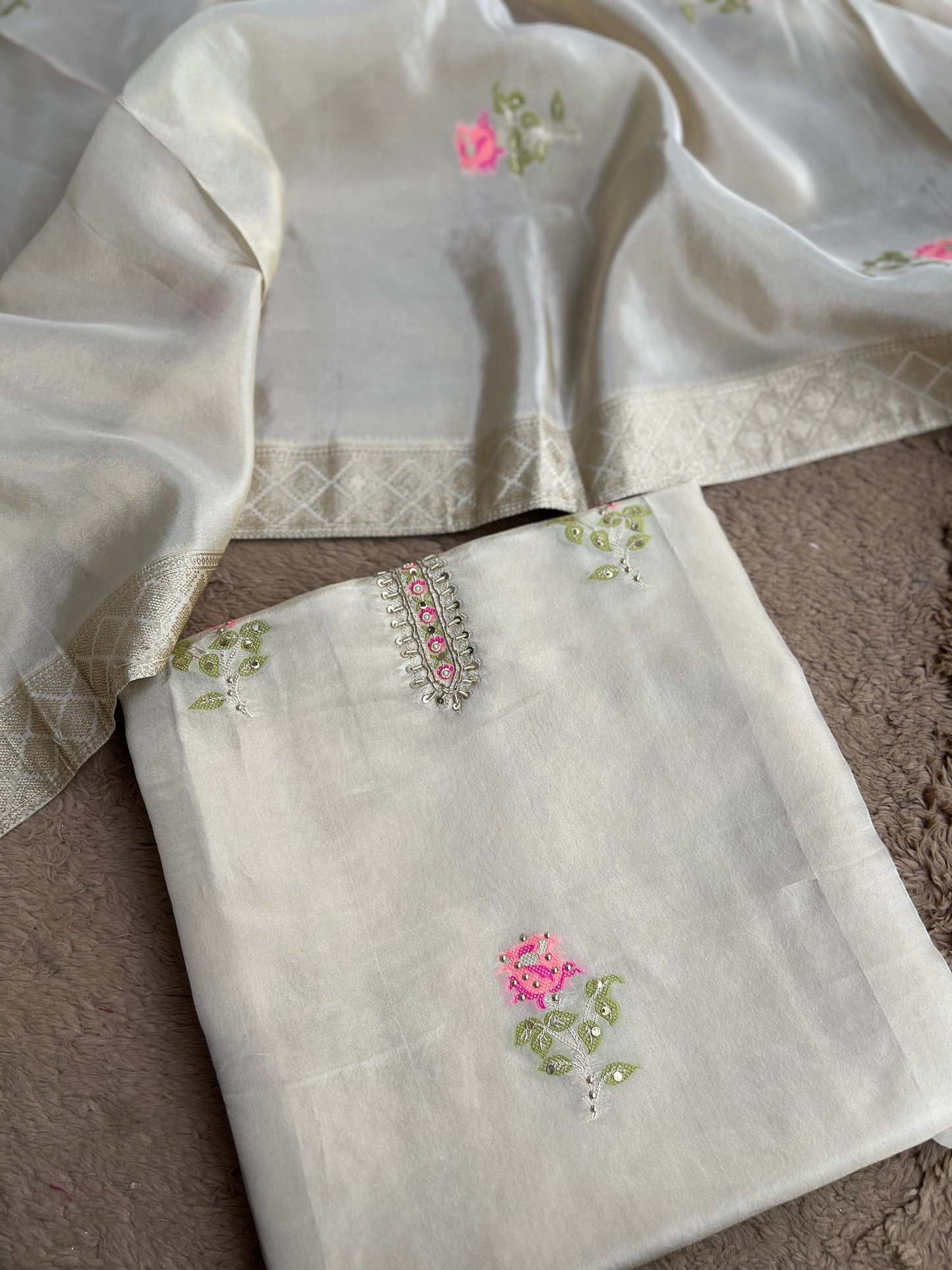 Elegant Kanjivaram Floral Weave Suit with Handworked Neckline & Banarasi Dupatta